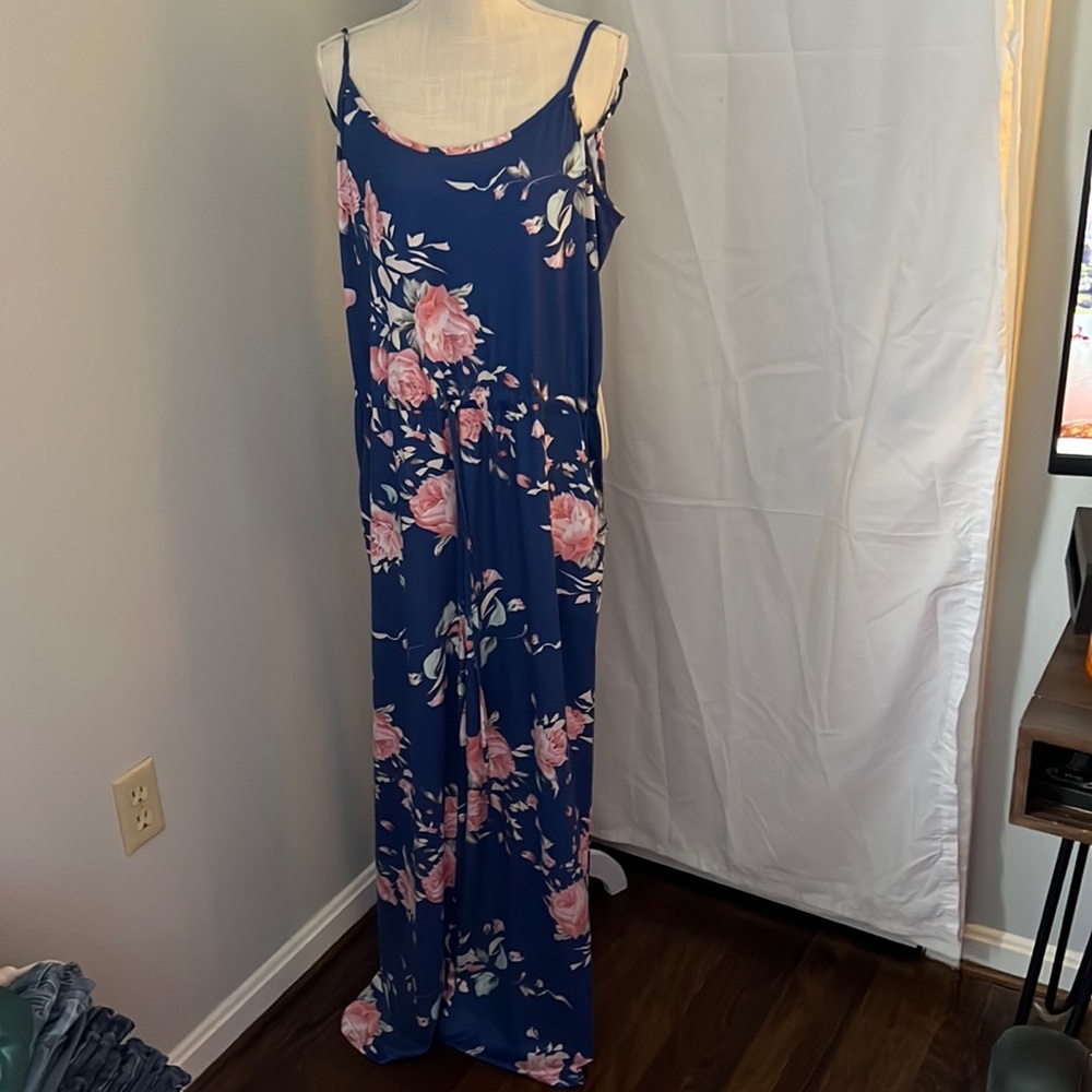 Blue and Pink Floral Jumpsuit with Pockets